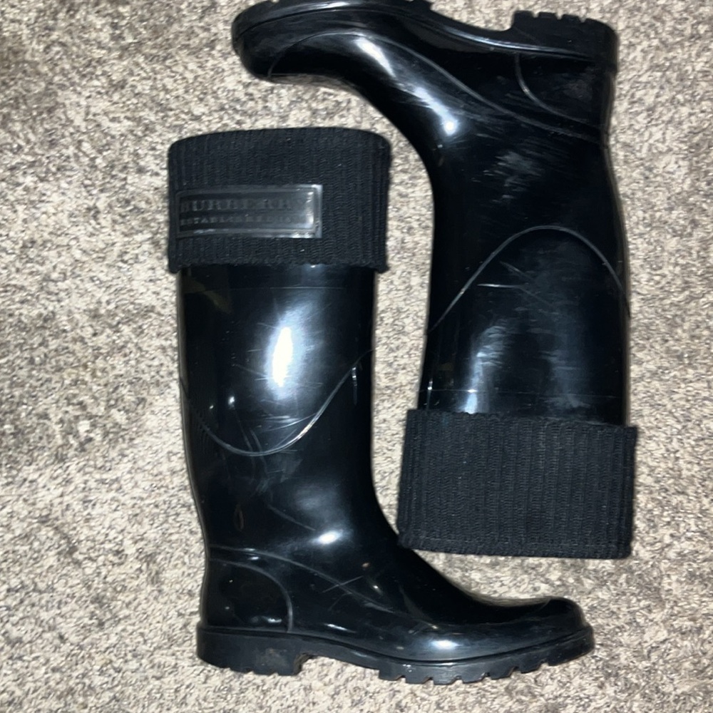 Burberry Black Rubber Rain Boots Size 36 Cloth Top - Picture 3 of 6